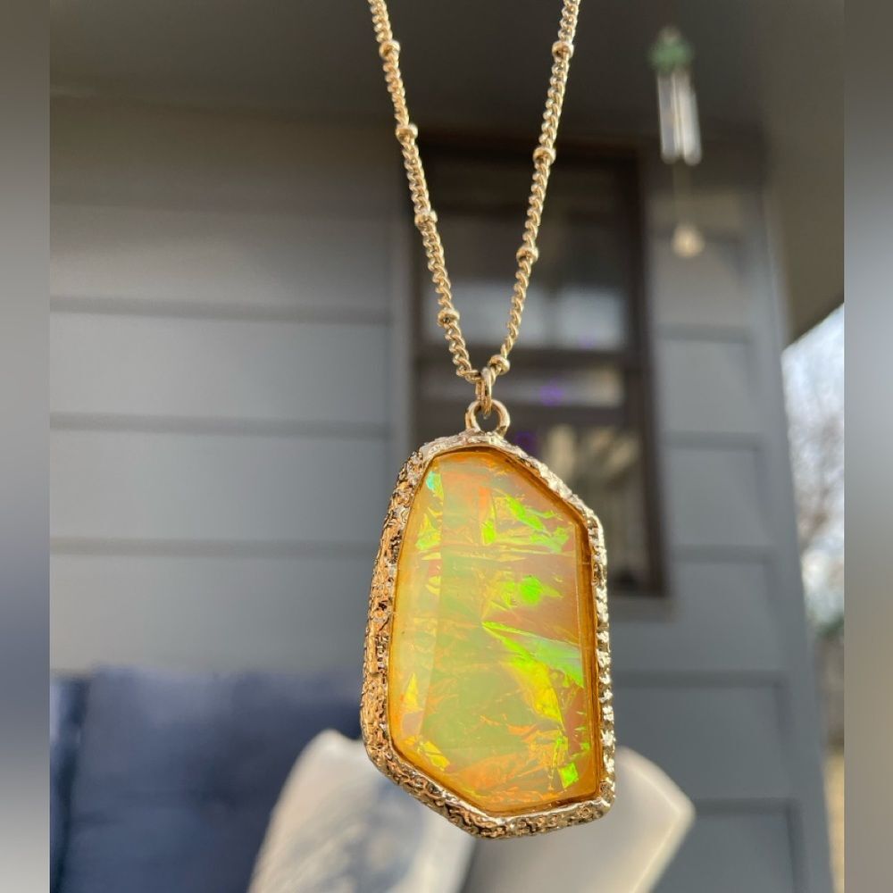Golden Pendant on gold satellite chain large pretty opalescent yellow colorful